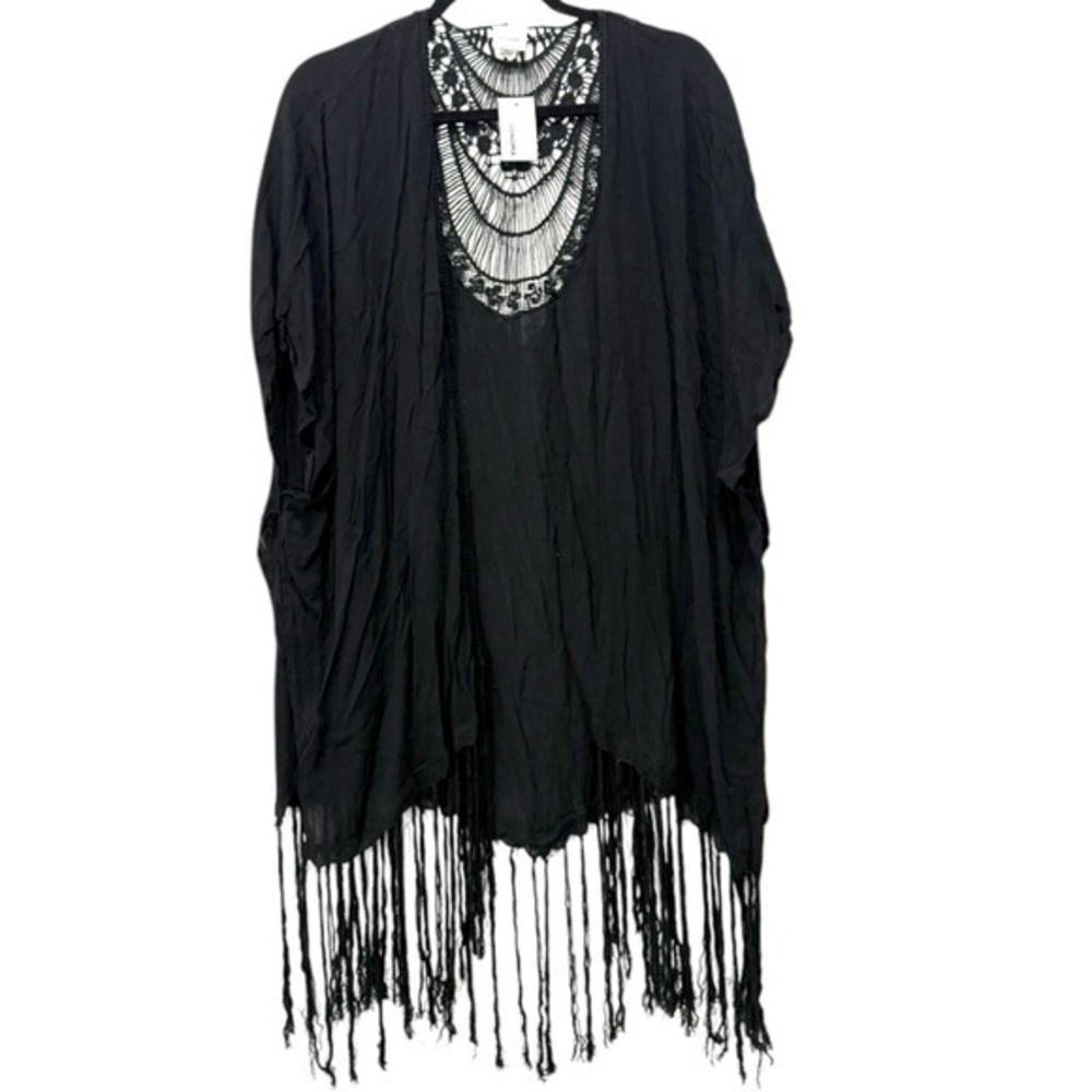 Sonoma Black Fringe Kimono with Lace Detail OS